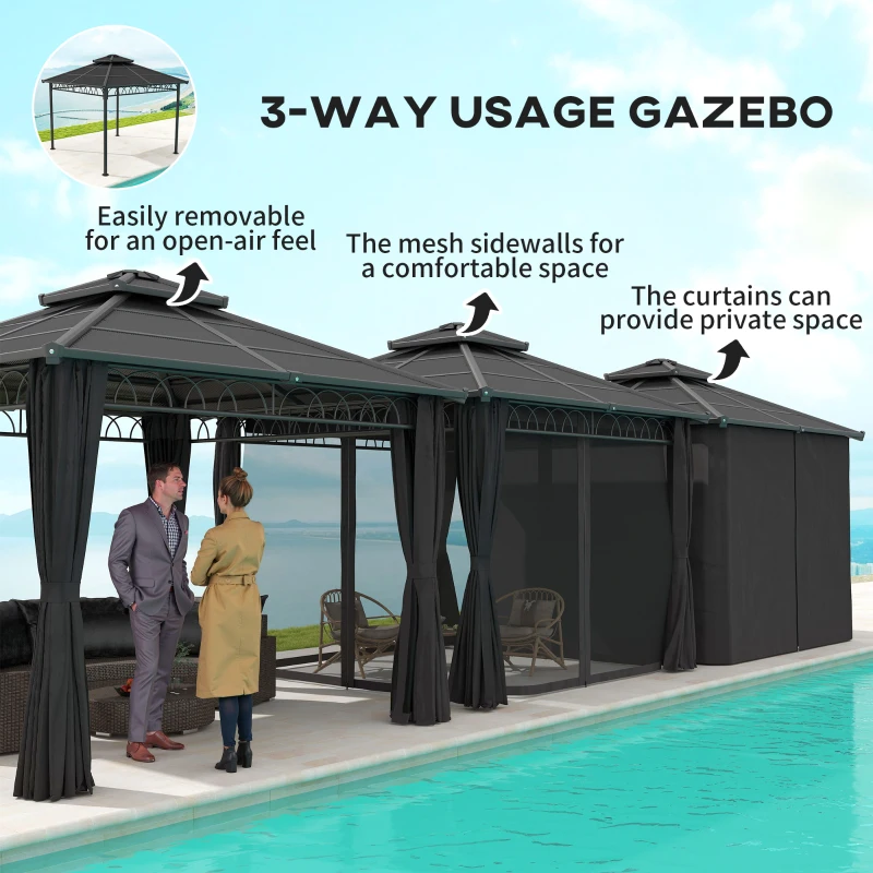 Outsunny 3 x 3 (m) Outdoor Polycarbonate Gazebo, Double Roof Hard Top Gazebo with Galvanised Steel Frame, Nettings & Curtains for Garden, Lawn, Patio and Deck, Dark Grey