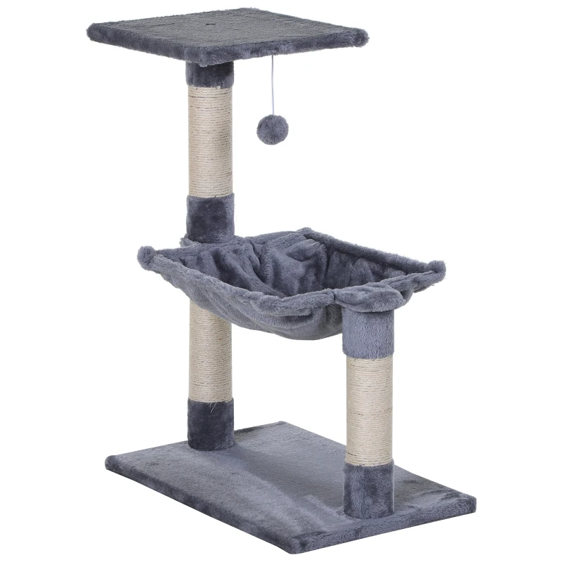 PawHut Arbre à chat 3 griffoirs grattoirs sisal naturel plateforme hamac et boule suspendue dim. 50L x 36l x 70H cm peluche courte gris