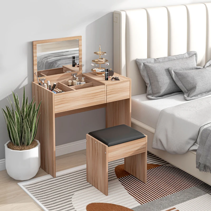 HOMCOM Tocador de Maquillaje con Taburete Mesa de Maquillaje con Espejo Tapa Abatible y Cajas 80x40x79 cm y 40x30x40 cm
