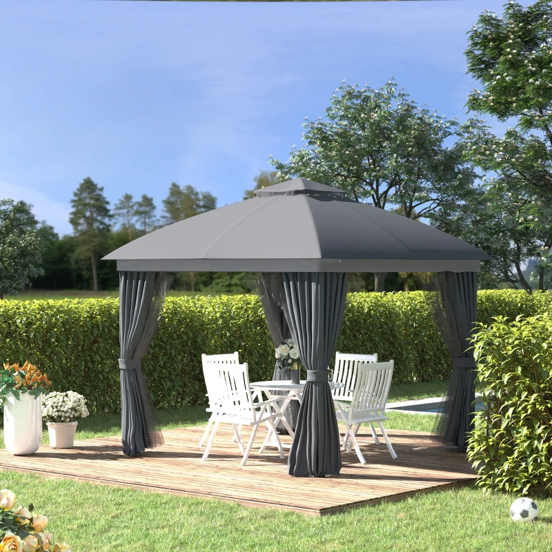Outsunny Gartenpavillon Pavillon 3 x 3 m Gartenzelt mit Doppeldach Festzelt Partyzelt mit 4 x Seitenteile Moskitonetz wetterfest Aluminium Polyester Schwarz+Hellgrau