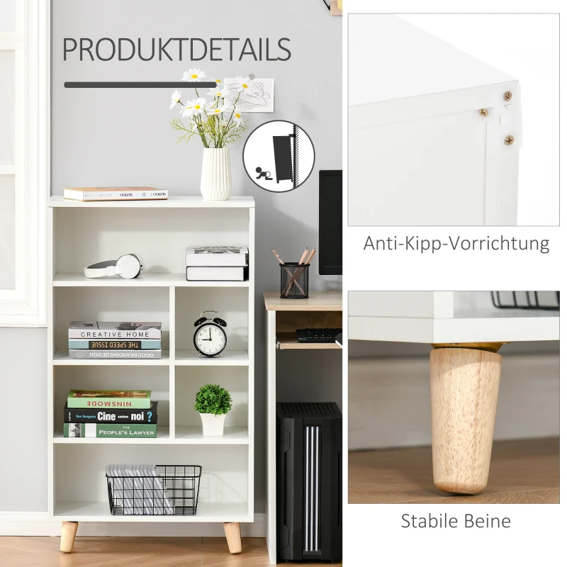 HOMCOM Bücherregal Wohnzimmerregal Bücherschrank Standschrank mit 6 Fächern Weiß+Natur Spanplatte 60 x 30 x 103,3 cm