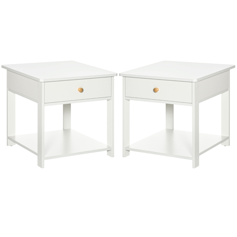 HOMCOM Bedside Table with Drawer and Bottom Shelf, Square Side End Table for Bedroom, Living Room, White, Set of 2