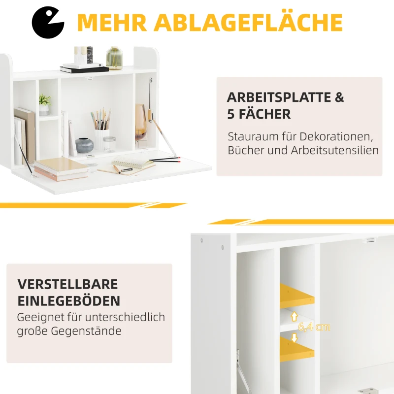 HOMCOM Wandklapptisch mit Regalen, 77 cm x 20 cm x 51 cm, Weiß