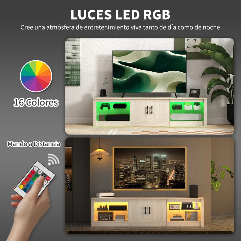 HOMCOM Mueble de TV Moderno Mueble de TV para Salón con Luces LED RGB y Estantes de Vidrio Abiertos 180x35x45 cm Roble