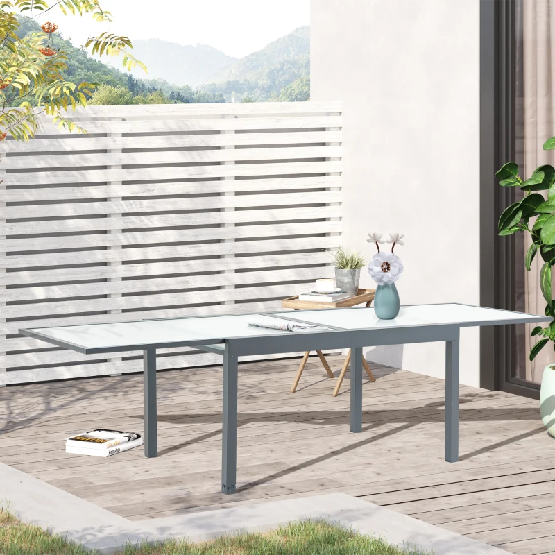 Outsunny Gartentisch Esstisch Balkontisch mit gehärteter Glasplatte Outdoor Aluminium Ausziehbarer Tisch Hinterhof Gartenmöbel Rechteck Bistrotisch Grau Weiß