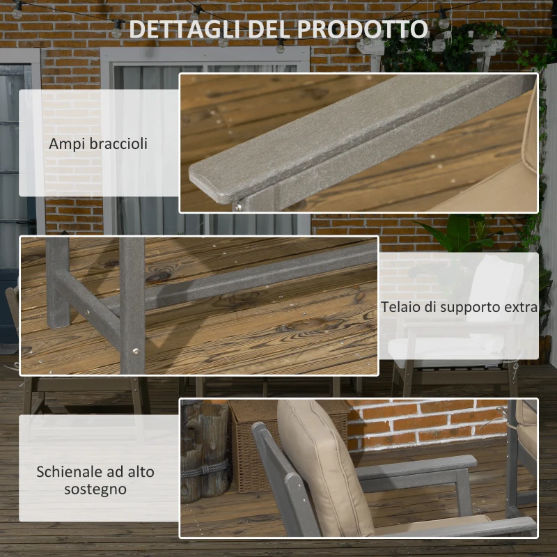 Outsunny Salotto da Giardino con Divanetto, 2 Poltrone e Tavolino in HDPE con Cuscini, Grigio Scuro