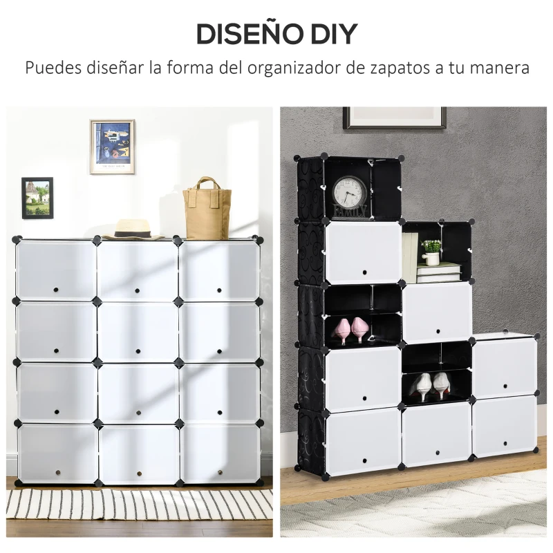 HOMCOM Armario Modular de Plástico Armario Portátil con 12 Cubos Organizador de Zapatos 125x32x125 cm Negro y Blanco