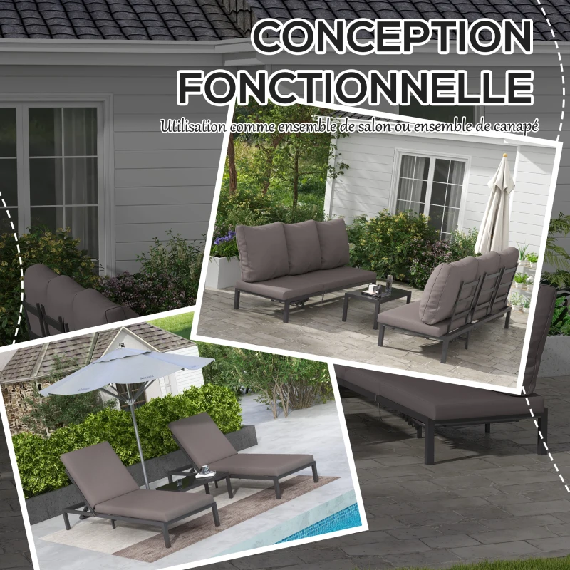 Outsunny Ensemble de salon de jardin modulable, 2 bains de soleil avec matelas + 1 table basse verre trempé, aluminium
