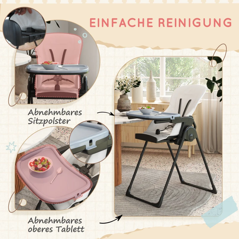 ZONEKIZ Babyhochstuhl klappbarer Babyhochstuhl, 5-Punkt-Gurte, doppeltes Tablett, Blau + Schwarz + Weiß