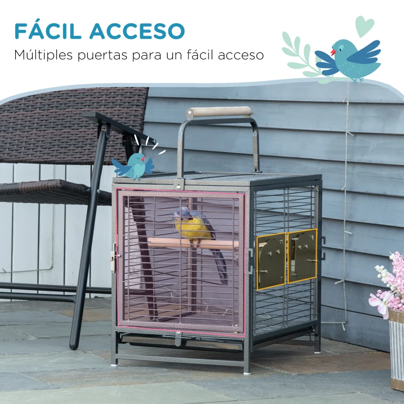PawHut Jaula para Pájaros Portátil con 2 Perchas de Madera 2 Comederos y Bandeja Extraíble 48x38x47,8 cm Negro