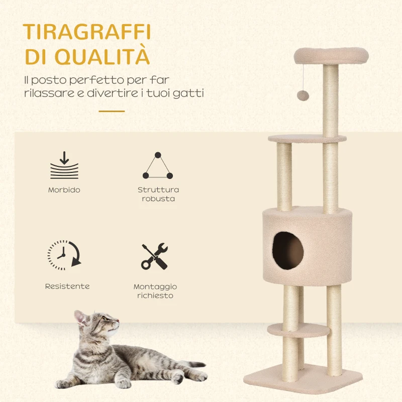 PawHut Albero Tiragraffi Robusto per Gatti con 5 Livelli, Cuccia, Casetta, Giochi e Corda Sisal, Beige, Max 30kg