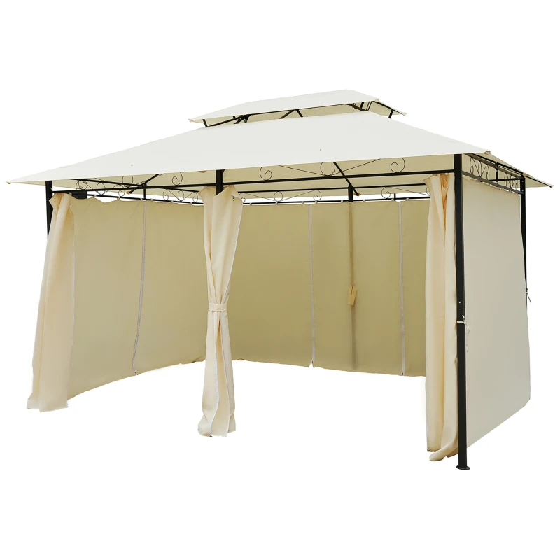 Outsunny Pavillon 3x4m Gartenpavillon mit 6 Seitenteilen Partyzelt Gartenzelt Festzelt mit Doppeldach Beige+Schwarz