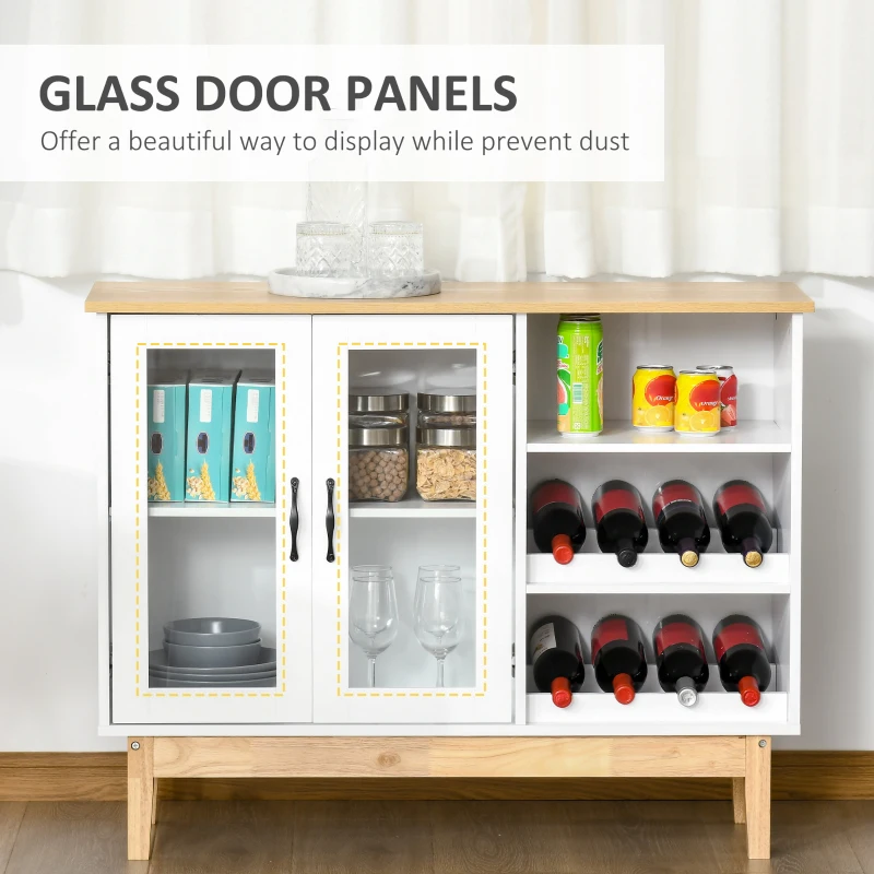 HOMCOM Storage Cabinet, Sideboard with Wine Holder for 8 Bottles, Glass 2-Door Display Cupboard, Adjustable Shelf, White