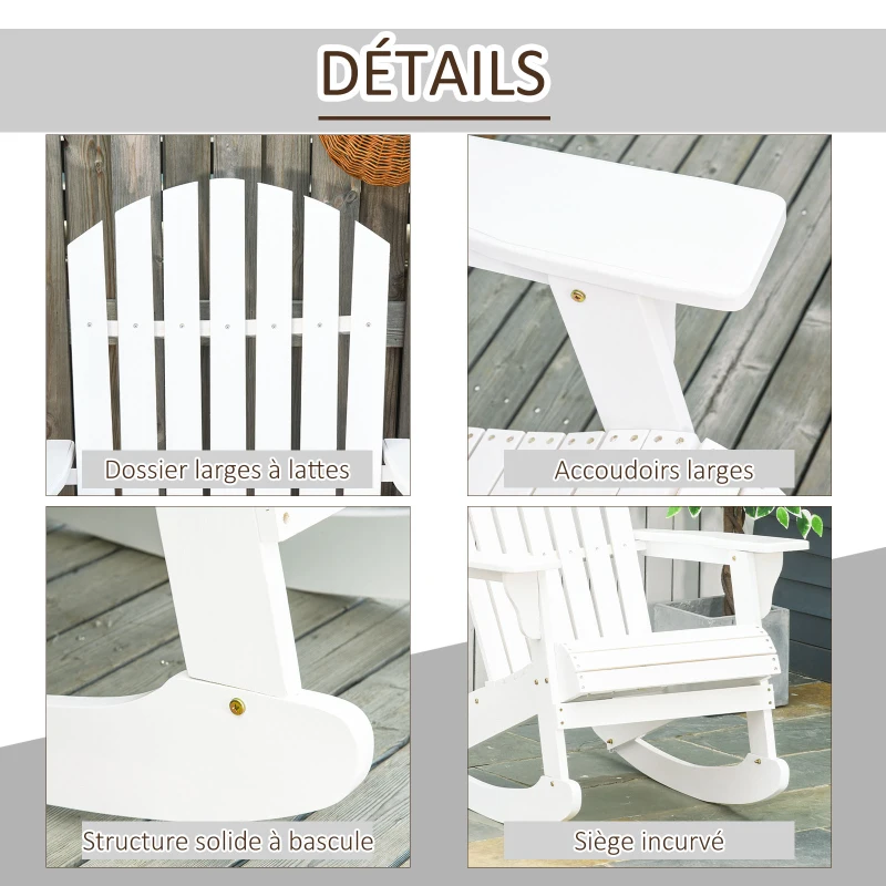 Outsunny Fauteuil de Jardin Adirondack à Bascule Rocking Chair Style néo-rétro Assise Dossier Ergonomique Bois Sapin traité Peint Blanc