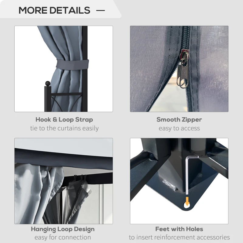 Outsunny 4 x 3.35(m) Patio Metal Gazebo Canopy Garden Tent Sun Shade, Outdoor Shelter with 2 Tier Roof, Netting and Curtains, Steel Frame, Grey