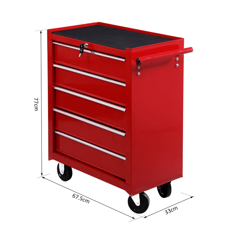 HOMCOM Carrello Porta Utensili con 5 Cassetti, Serratura, 2 Chiavi e Manubrio Parete Smontabile 2 Ruote con Freno in Lamiera d'Acciaio EVA Rosso 67,5x33x77cm