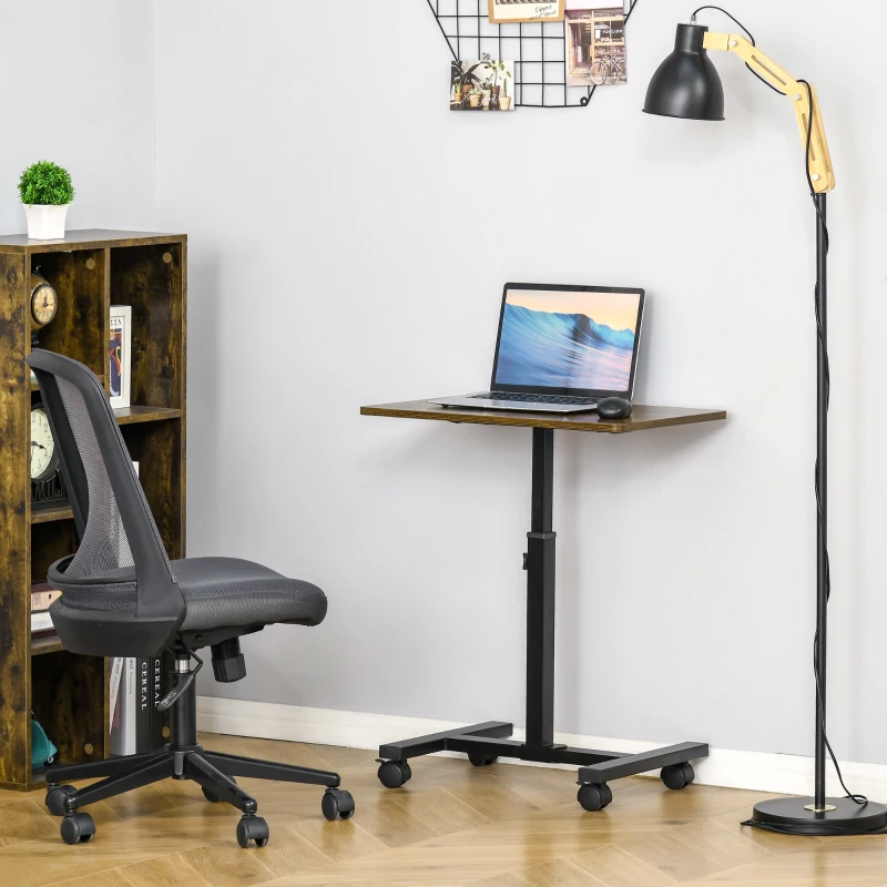 HOMCOM Laptop Table Height Adjustable, Mobile Laptop Stand with Wheels, Sofa Side Table for Home Office, Rustic Brown