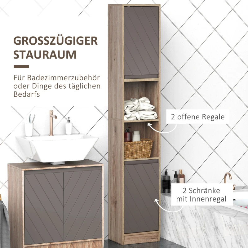 HOMCOM Badezimmerregal, Badeschrank, Küchenschrank, 2 Türschränke, 2 offenen Regalen, Spanplatte+MDF, 30 x 24 x 170cm