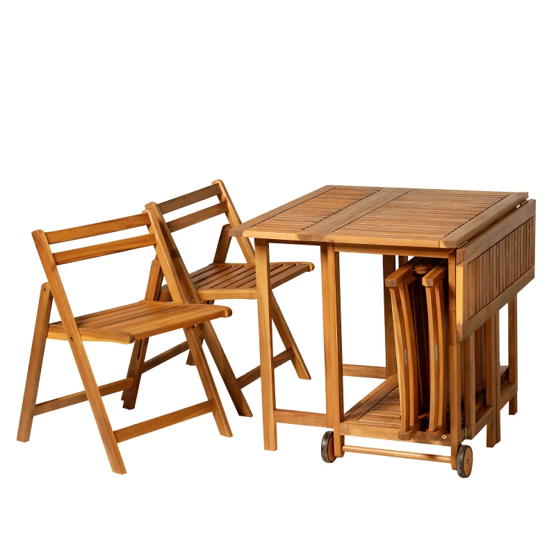 Outsunny Salon de jardin style colonial 4 pers. 5 pièces table à manger avec roulettes + 4 chaises pliables bois massif acacia pré-huilé