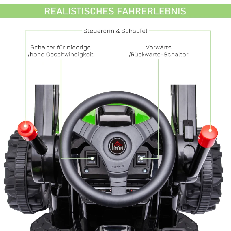 HOMCOM Kinder Elektrobagger Sitzbagger für Kinder Aufsitzbagger Geländewagen traktor elektrisch zum Fahren mit Musik Schaufel Armen 3–5 Jahre PP-Kunststoff Stahl Grün 132 x 62 x 65 cm