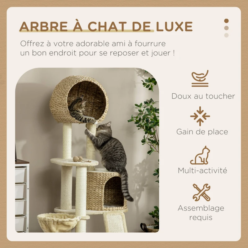 PawHut Arbre à chats griffoir sisal naturel 2 niches plateforme hamac peluche jacinthe d'eau - 60 x 60 x 150 cm beige