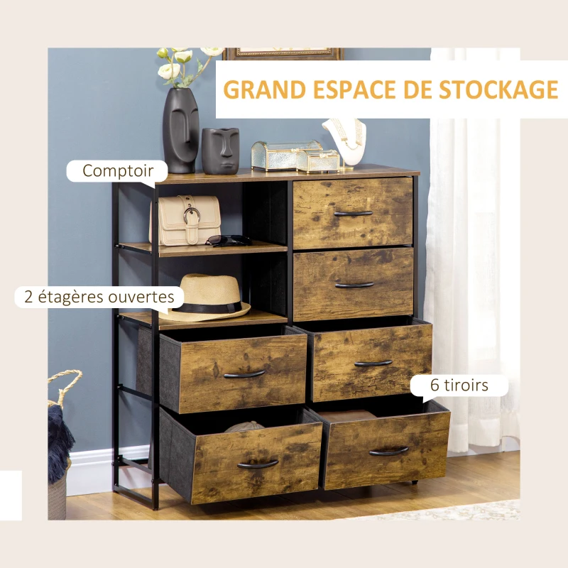 HOMCOM Meuble de rangement commode style industriel 6 tiroirs pliables 2 étagères acier et bois 84 x 30 x 92 cm