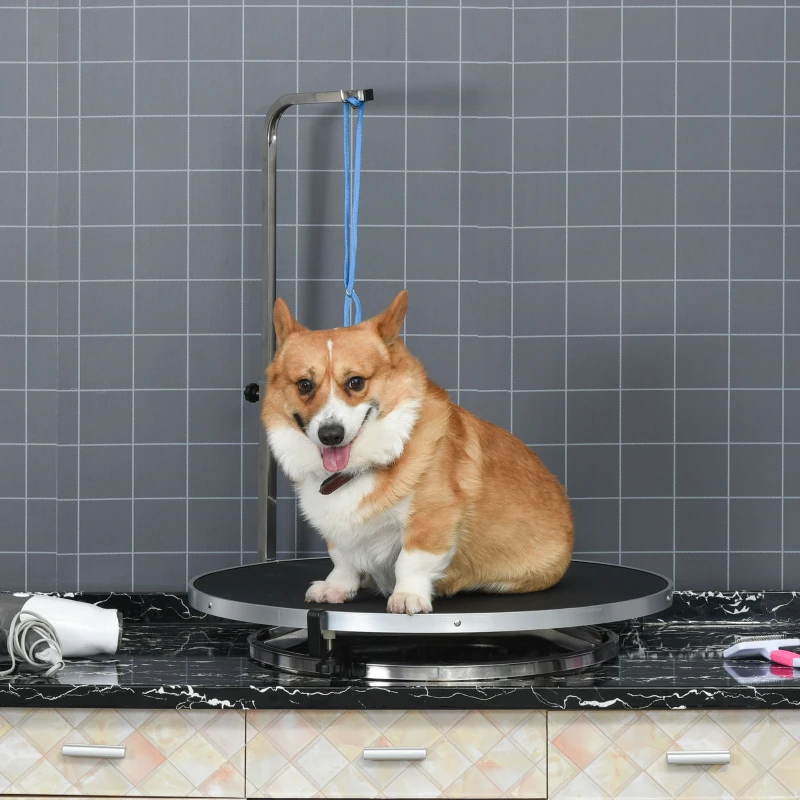 PawHut Hund Trimmtisch Tierpflegetisch drehbar trocknen Tabelle mit verstellbaren Arm rutschfeste Tischplatte Verriegelungssystem Aluminium-Legierung Rand Edelstahl Rahmen Sicherheit Leine Ø65x H10