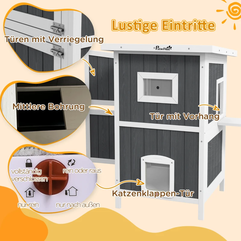 PawHut Katzenhaus Katzenhütte Katzenhöhle, Outdoor, wetterbeständig, 60 x 60 x 90, 5 cm, Grau + Weiß