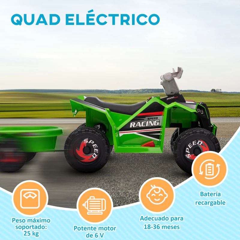 HOMCOM Quad Eléctrico para Niños con Remolque Coche Eléctrico Cuatrimoto para Niños de 18-36 Meses 106x41,5x48,5 cm Verde