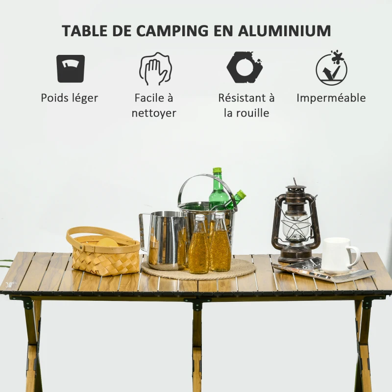 Outsunny Table de camping pique-nique jardin pliable en aluminium avec sac de transport - dim. 116L x 60l x 45H cm bois naturel