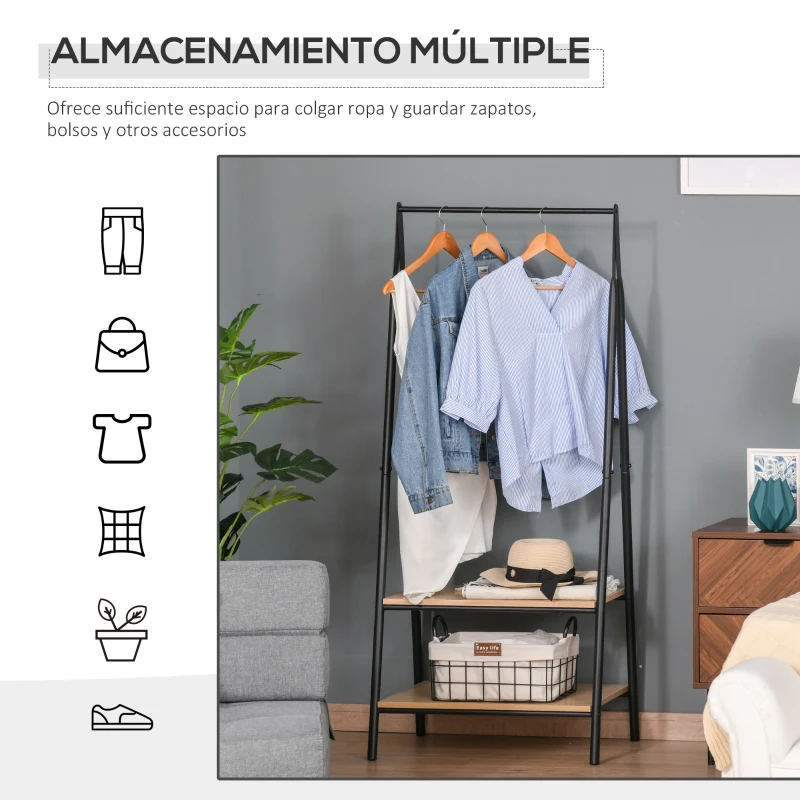 HOMCOM Perchero de Ropa Perchero de Pie con 2 Estantes de Almacenamiento Barra para Colgar y Marco de Acero 64x42,5x149cm Negro