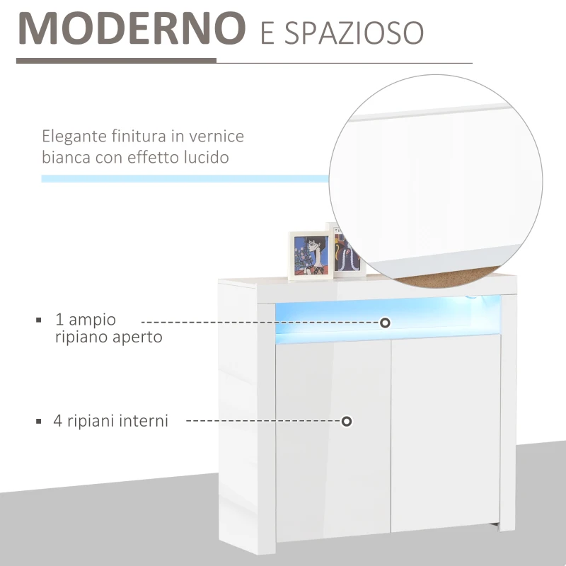 HOMCOM Mobiletto Salvaspazio Multiuso per Ingresso, Salotto o Bagno in Legno Bianco, con Luci LED Colorate, 107x35x97cm