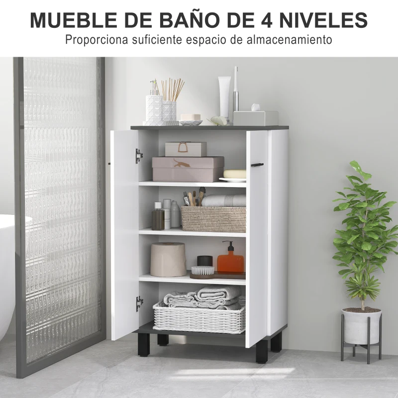 HOMCOM Armario de Baño Mueble Auxiliar de Baño con Puertas Estantes Ajustables y Sistema Anti-vuelco 60x34x94 cm Blanco Brillo