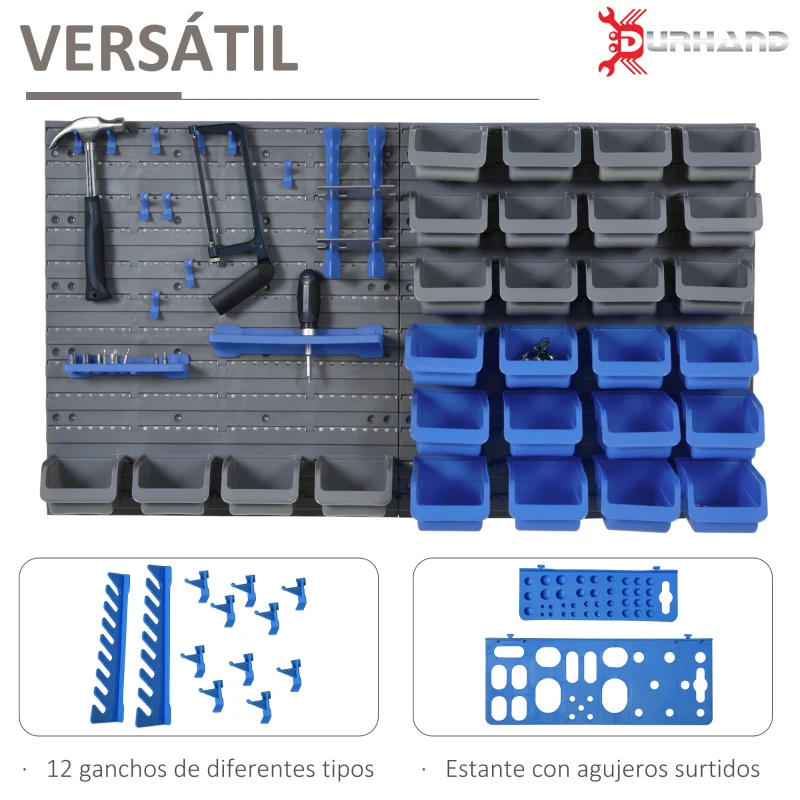 DURHAND Estantería de Pared para Herramientas 54x95 cm con 28 Cajas Apilables y Diferentes Ganchos Gris y Azul