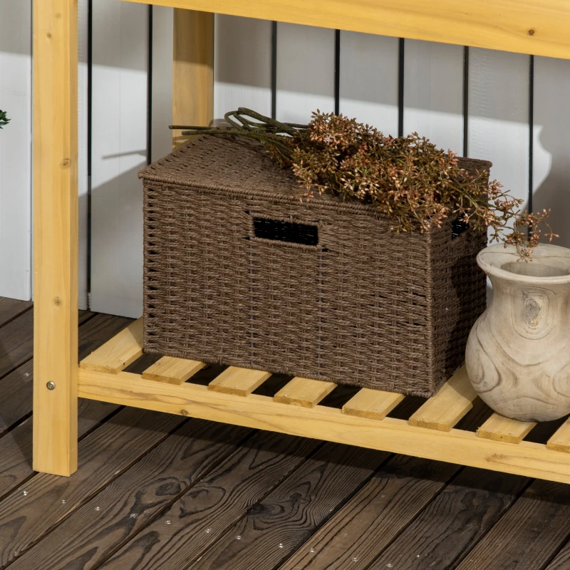 Outsunny Garten-Arbeitstisch, integriertes Edelstahl-Spülbecken, 2 Ablagen, Massivholz, braun, 92 x 45 x 120 cm