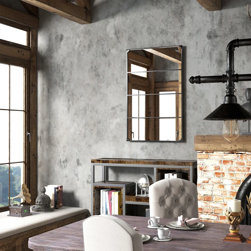 HOMCOM Specchio da Parete in Stile Industriale con 4 Ganci, in Vetro Multistrato, Metallo e MDF, 109x2x69 cm, Nero