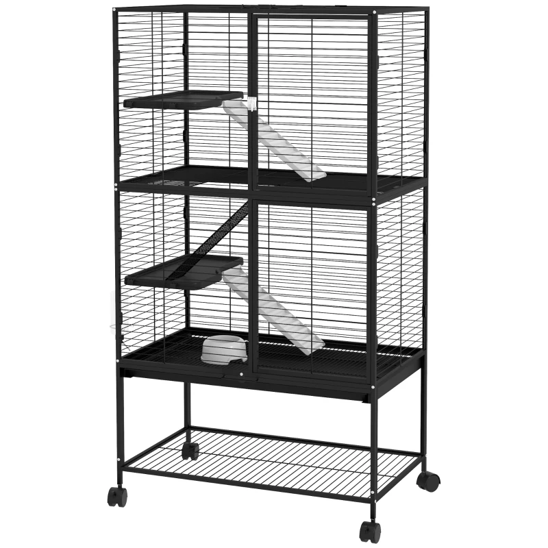 PawHut Jaula para Animales Pequeños de 4 Niveles con Ruedas Rampa Comedero Bebedero y Bandeja Extraíble 78x45,5x136 cm Negro