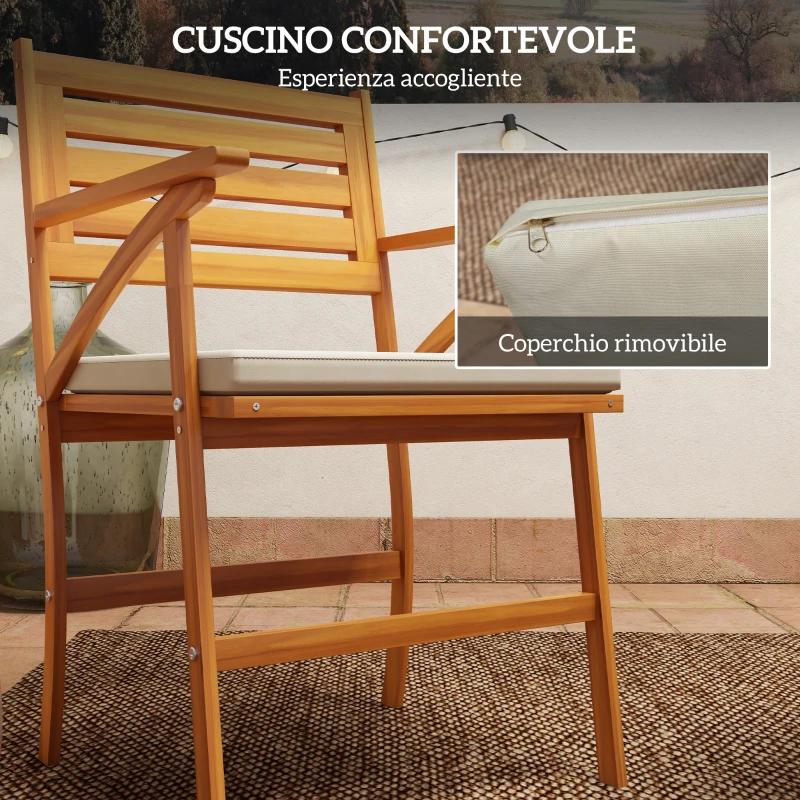 Outsunny Set da Giardino 3 Pezzi in Legno di Pino con Tavolo Rotondo Ø68x78 cm e 2 Sedie 55x52x87.5 cm con Cuscini