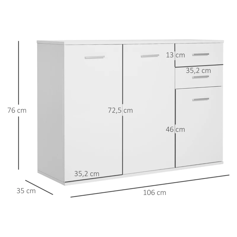 HOMCOM Armario de Cocina con 2 Puertas Buffet de Salón Moderno con 2 Cajones Estante Ajustable 106x35x76cm Blanco Brillante(m-3)