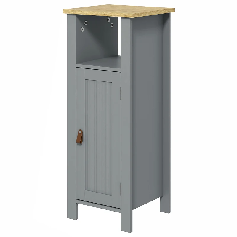 kleankin Meuble de salle de bain sur pied avec placard à 2 niveaux étagère réglable poignées en similicuir 32 x 30 x 80 cm gris