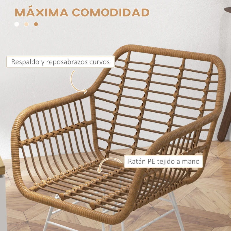 HOMCOM Set de 2 Sillas de Comedor Sillas de Cocina de Ratán PE con Patas de Acero para Salón Estilo Bohemio 56x60x79 cm Marrón