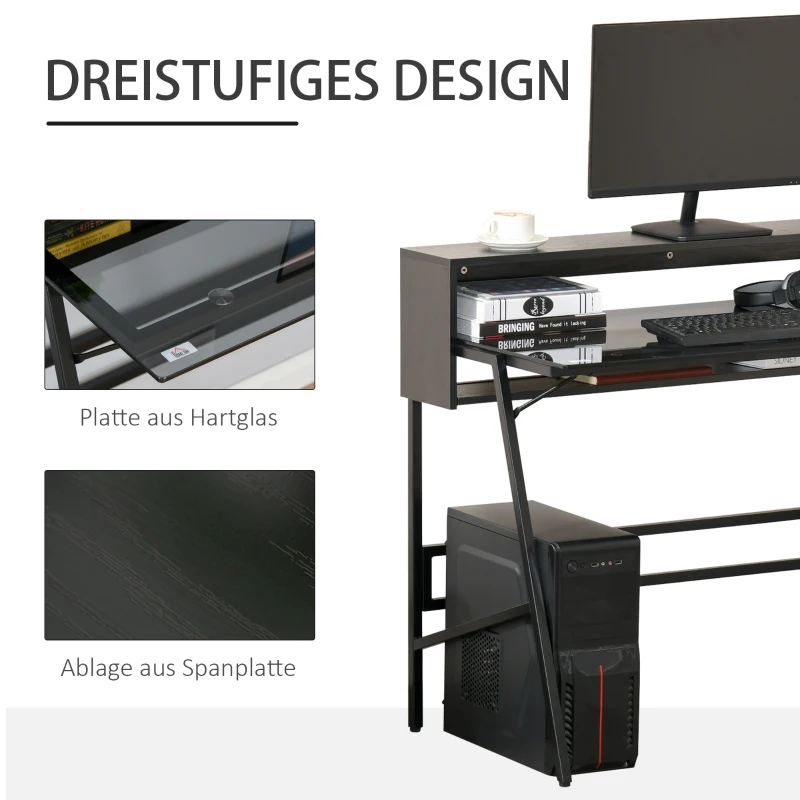 HOMCOM Computertisch im Industrie-Design, 2 Ablagen, Schreibtisch mit Tischplatte aus Glas, Glastisch, Grau + Schwarz