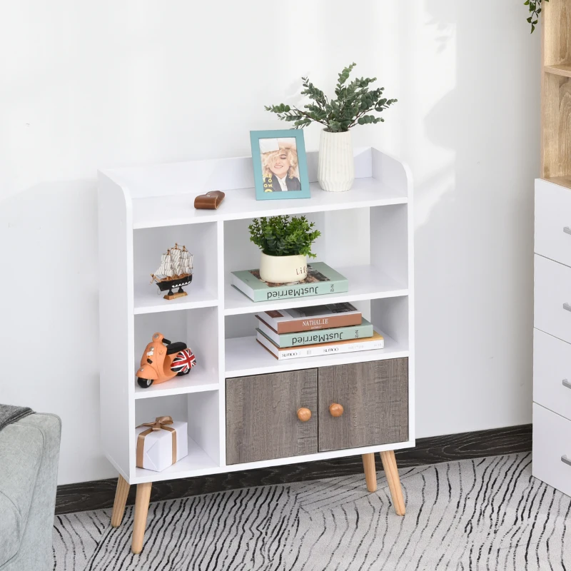 HOMCOM Meuble buffet scandinave bibliothèque meuble de rangement en bois panneaux de particules blanc gris