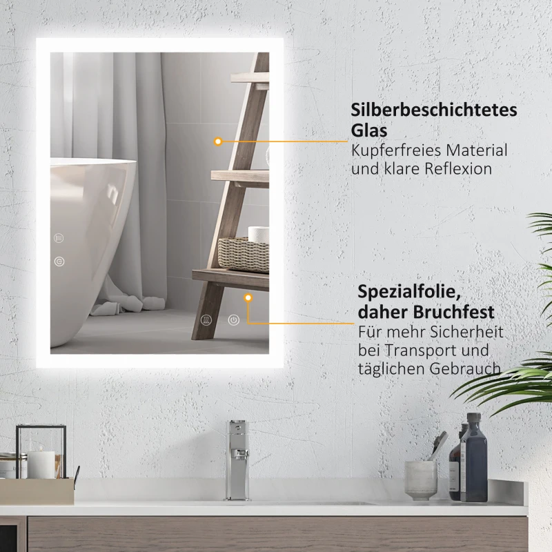 kleankin LED Badezimmerspiegel, Hintergrundbeleuchtung, Touch-Funktion, Memory-Funktion, kein Beschlagen, 80 x 60 cm