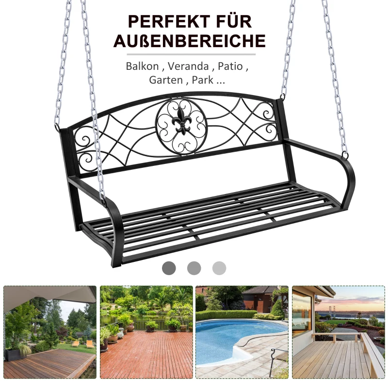 Outsunny Hängebank 2-Sitzer Gartenschaukel Schaukelbank Hollywoodschaukel Schwebebank mit Ketten Metall Schwarz 132 x 63 x 58 cm