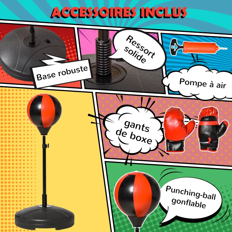 HOMCOM Sac de Frappe sur Pied Punching Ball sur Pied pour Enfant Hauteur réglable 90-120 cm Base de lestage Paire Gants et Pompe Inclus pour Karaté Fitness Taekwondo Rouge Noir
