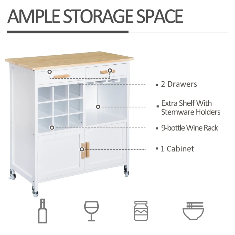 HOMCOM Rolling Kitchen Cart Sideboard Island Portable Serving Utility Storage Display Cabinet Trolley Wood Drawers Doors on Wheels w/Wine Racks