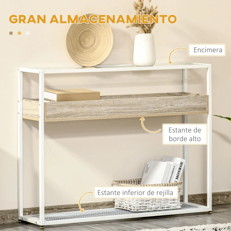 HOMCOM Mesa Consola de Entrada 108x28x85 cm Mueble Recibidor con Encimera de Cristal Estante y Rejilla Inferior Marco de Acero para Pasillo Salón Extremo del Sofá Blanco