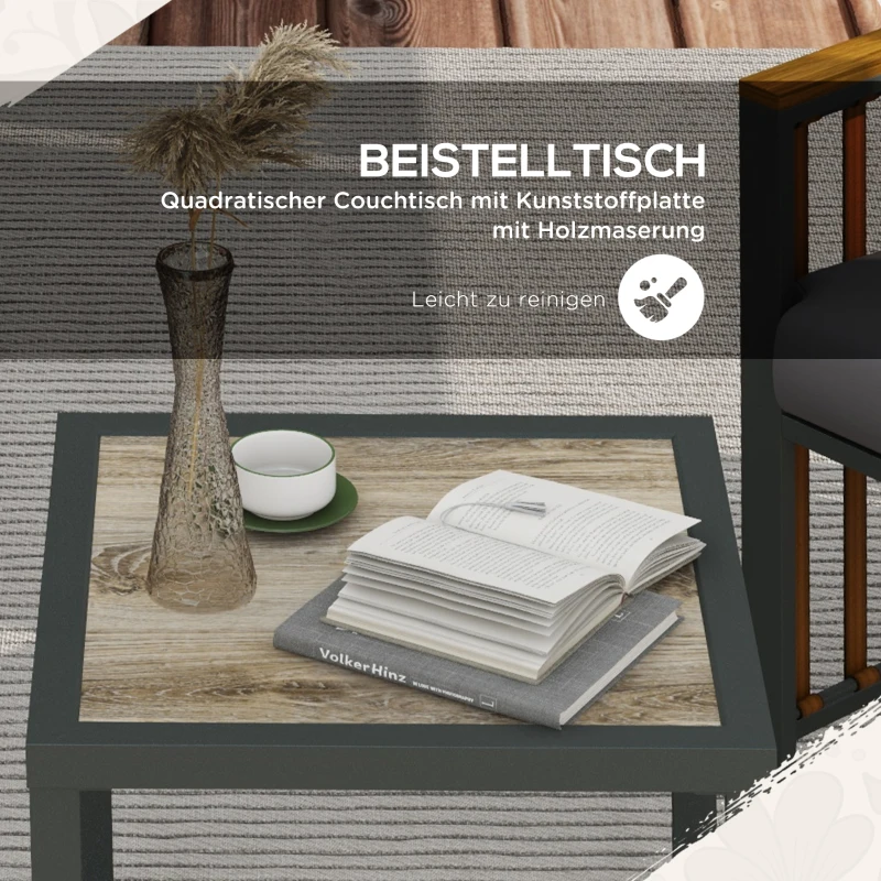 Outsunny Gartengarnitur, 3-teilig, inkl. Sitzkissen, Holzdekor, rostfreier Metallrahmen, Grau