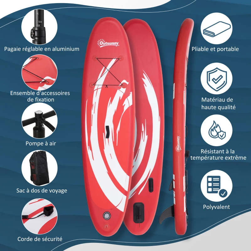 Outsunny Planche de stand up paddle gonflable, pagaie en aluminium réglable, planche antidérapante avec accessoires et sac de transport, dim. 300L x 76l x 15H cm, rouge et blanc